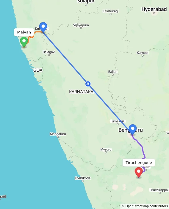 Route map showing distance and travel time from Malvan, India to Tiruchengode, India