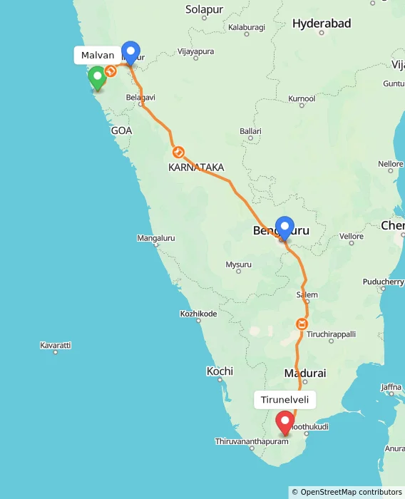 Route map showing distance and travel time from Malvan, India to Tirunelveli, India