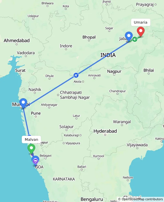 Route map showing distance and travel time from Malvan, India to Umaria, India