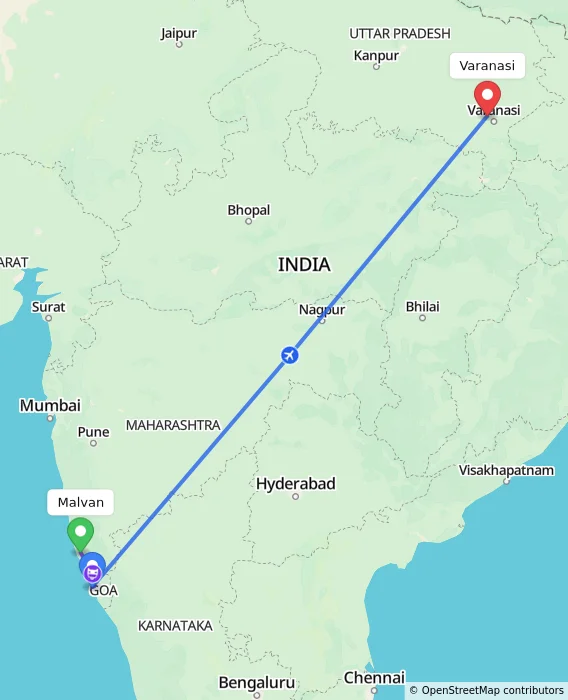 Route map showing distance and travel time from Malvan, India to Varanasi, India