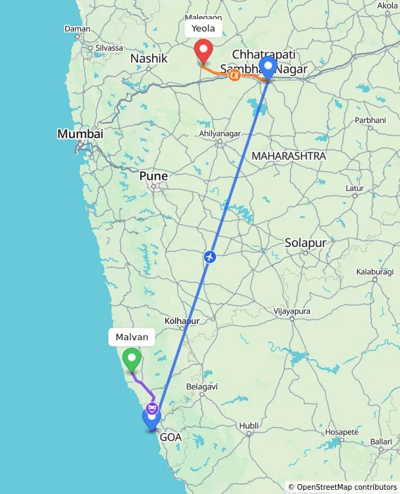 Route map showing distance and travel time from Malvan, India to Yeola, India