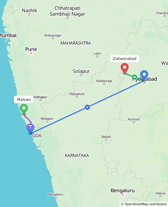 Route map showing distance and travel time from Malvan, India to Zaheerabad, India