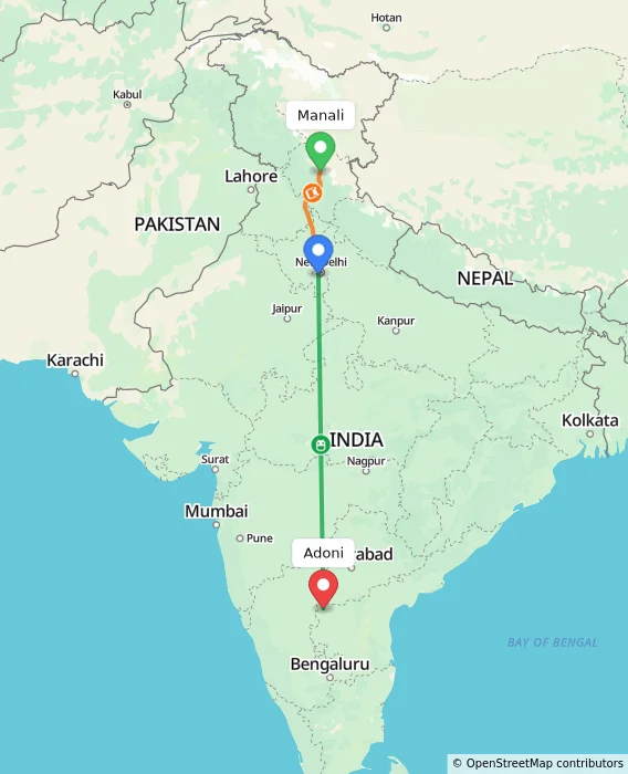 Route map showing distance and travel time from Manali, India to Adoni, India