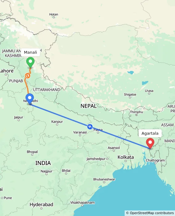 Route map showing distance and travel time from Manali, India to Agartala, India