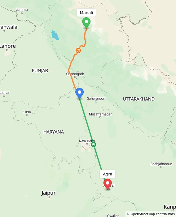 Route map showing distance and travel time from Manali, India to Agra, India