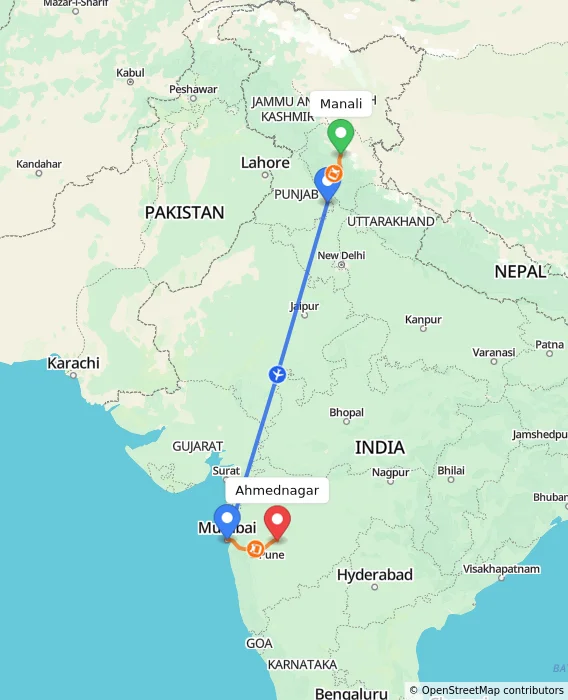 Route map showing distance and travel time from Manali, India to Ahmednagar, India