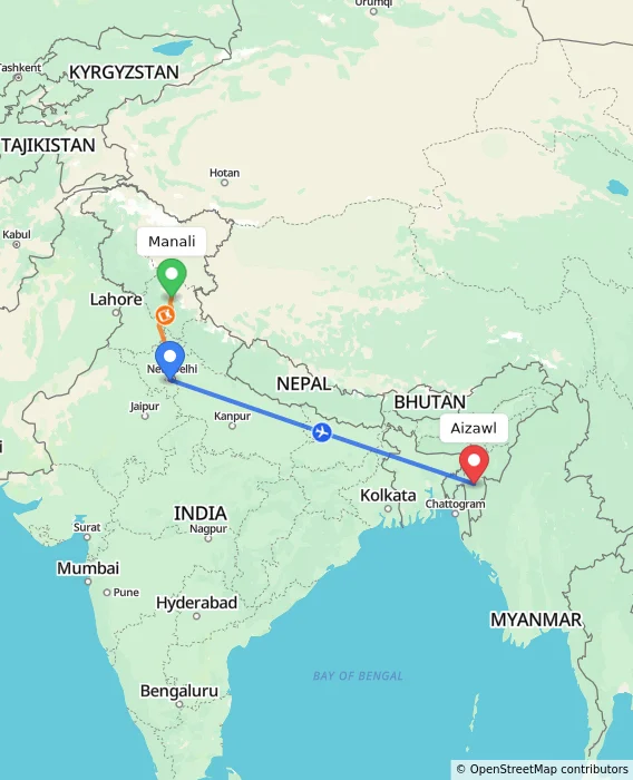 Route map showing distance and travel time from Manali, India to Aizawl, India