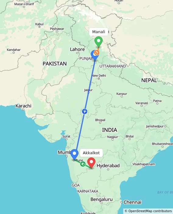 Route map showing distance and travel time from Manali, India to Akkalkot, India