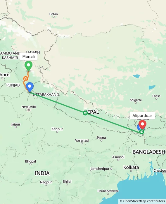 Route map showing distance and travel time from Manali, India to Alipurduar, India