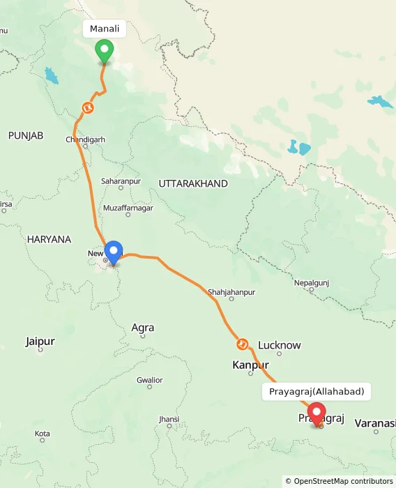 Route map showing distance and travel time from Manali, India to Allahabad, India