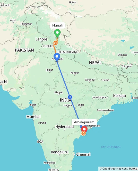 Route map showing distance and travel time from Manali, India to Amalapuram, India