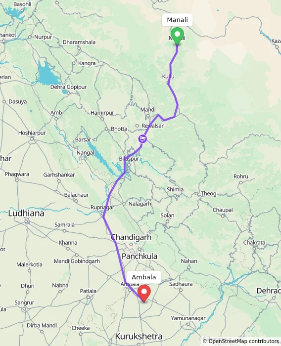 Route map showing distance and travel time from Manali, India to Ambala, India