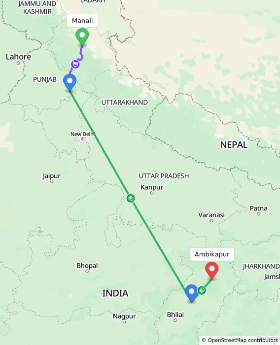 Route map showing distance and travel time from Manali, India to Ambikapur, India