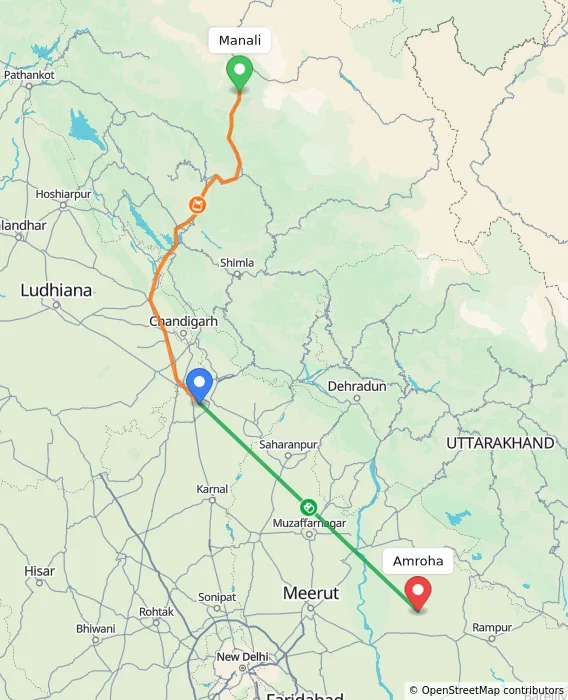 Route map showing distance and travel time from Manali, India to Amroha, India