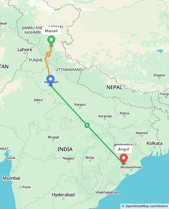 Route map showing distance and travel time from Manali, India to Angul, India