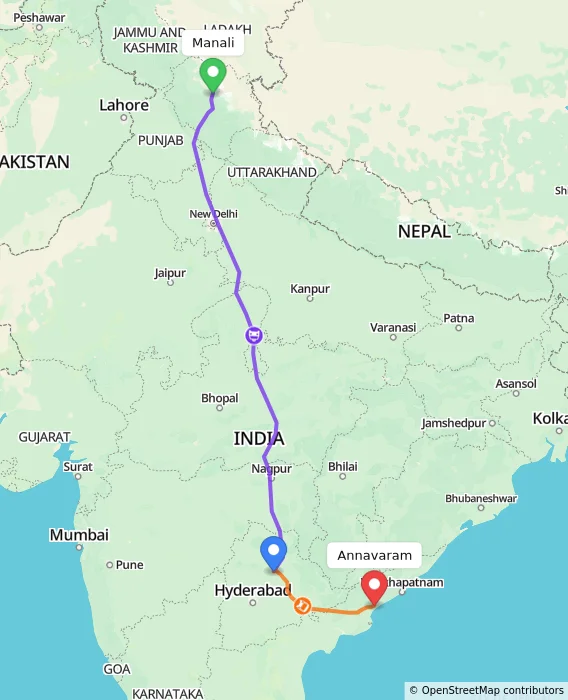 Route map showing distance and travel time from Manali, India to Annavaram, India