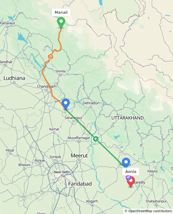 Route map showing distance and travel time from Manali, India to Aonla, India