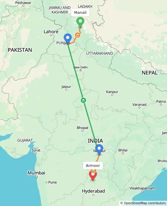 Route map showing distance and travel time from Manali, India to Armoor, India