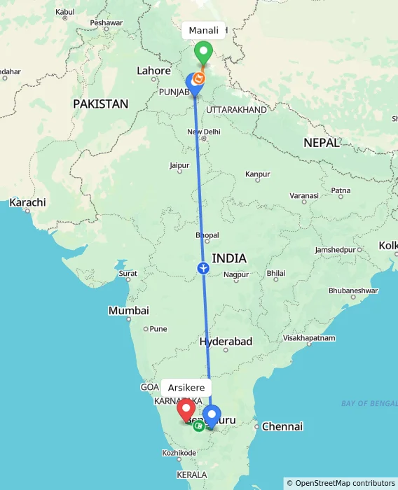 Route map showing distance and travel time from Manali, India to Arsikere, India