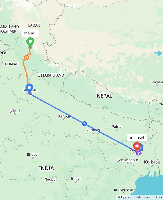 Route map showing distance and travel time from Manali, India to Asansol, India