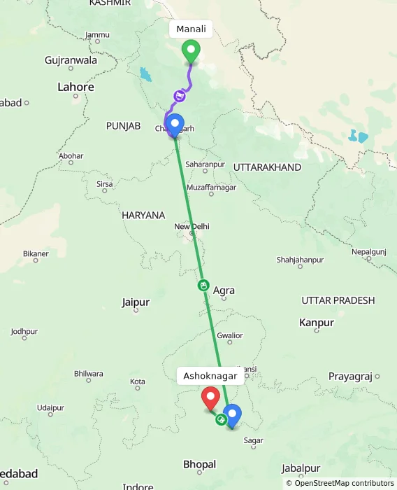 Route map showing distance and travel time from Manali, India to Ashoknagar, India