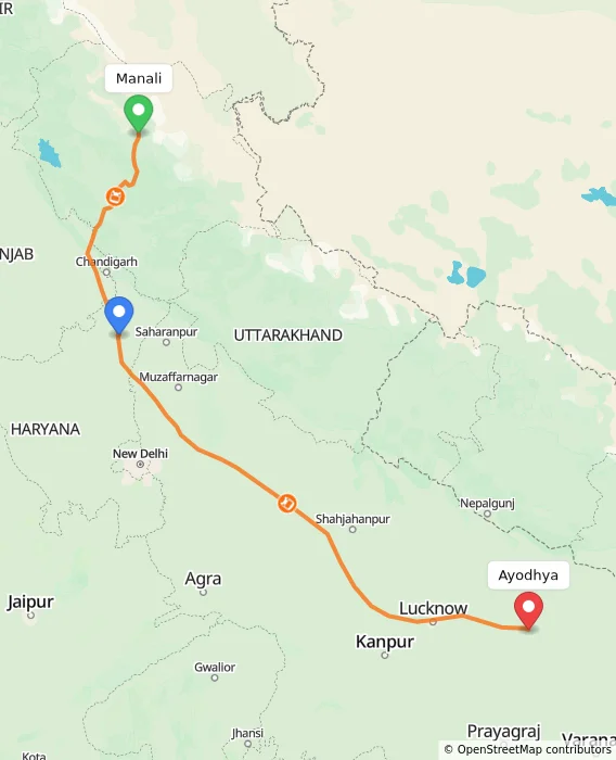 Route map showing distance and travel time from Manali, India to Ayodhya, India