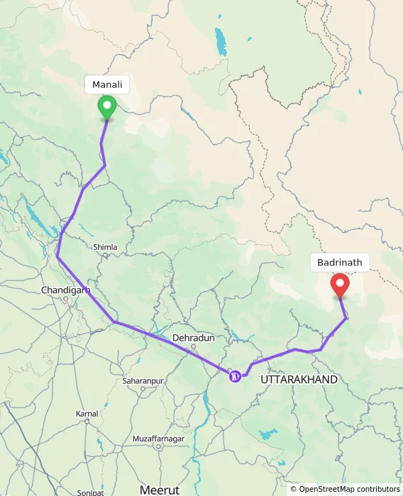 Route map showing distance and travel time from Manali, India to Badrinath, India
