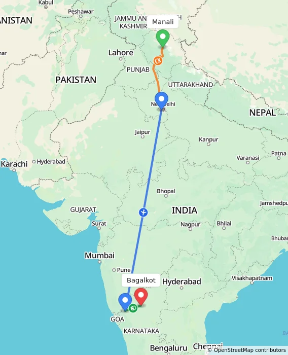 Route map showing distance and travel time from Manali, India to Bagalkot, India