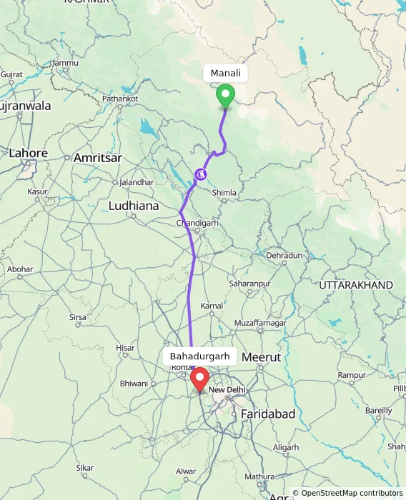 Route map showing distance and travel time from Manali, India to Bahadurgarh, India