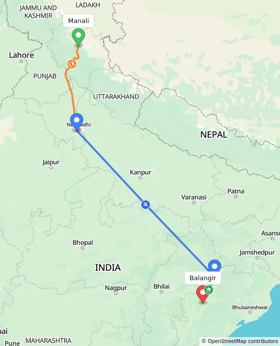 Route map showing distance and travel time from Manali, India to Balangir, India