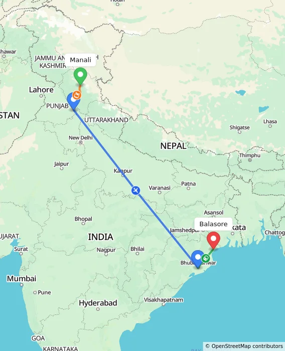 Route map showing distance and travel time from Manali, India to Balasore, India