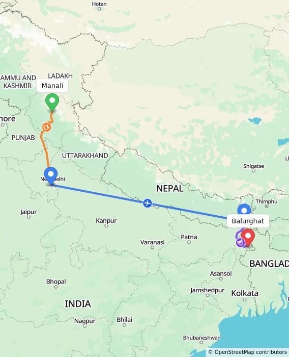 Route map showing distance and travel time from Manali, India to Balurghat, India