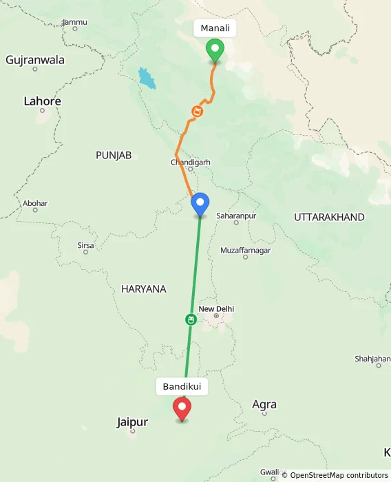 Route map showing distance and travel time from Manali, India to Bandikui, India
