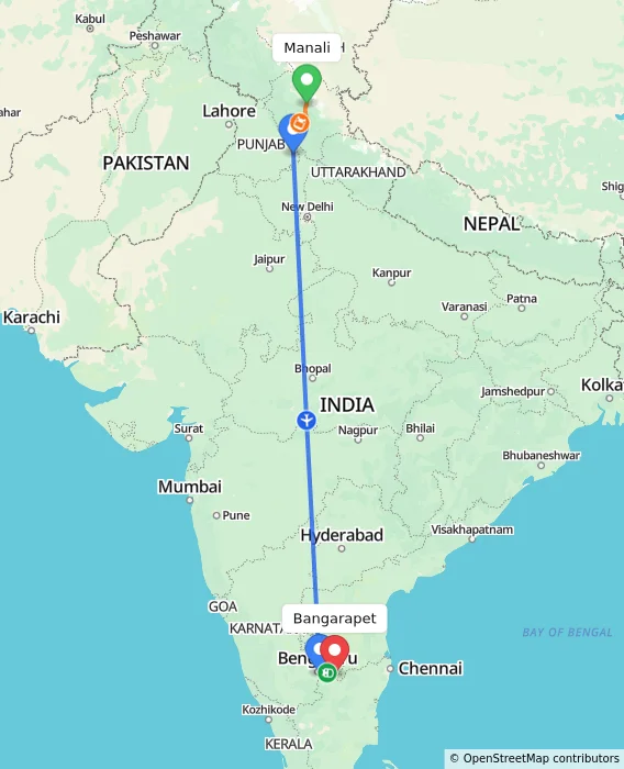 Route map showing distance and travel time from Manali, India to Bangarapet, India