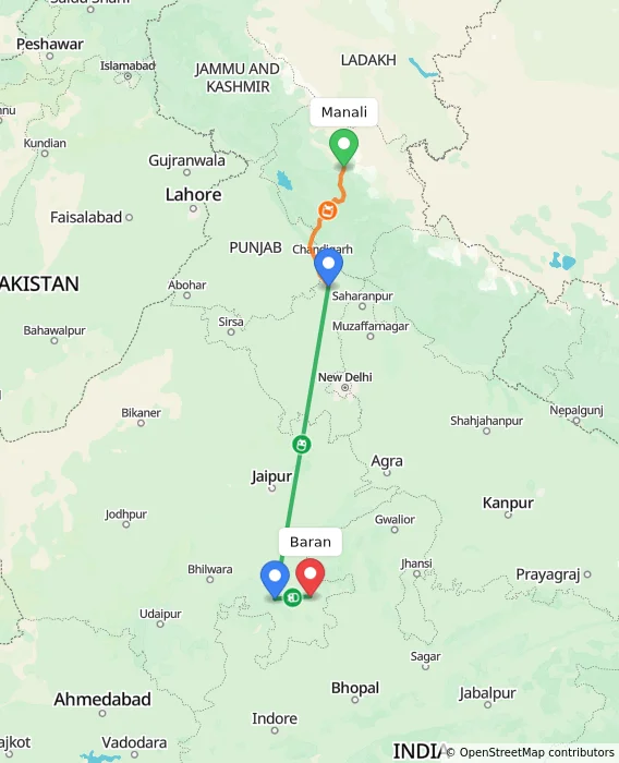 Route map showing distance and travel time from Manali, India to Baran, India