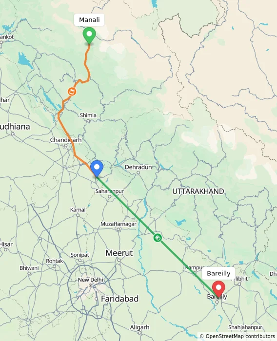 Route map showing distance and travel time from Manali, India to Bareilly, India