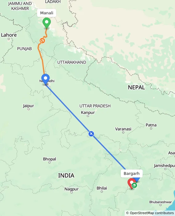 Route map showing distance and travel time from Manali, India to Bargarh, India