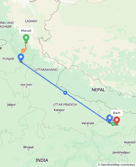Route map showing distance and travel time from Manali, India to Barh, India