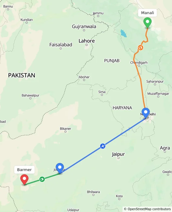 Route map showing distance and travel time from Manali, India to Barmer, India