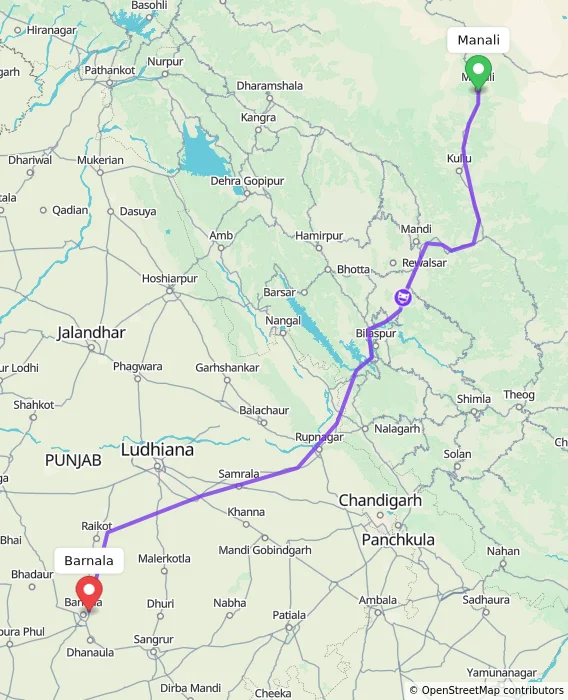 Route map showing distance and travel time from Manali, India to Barnala, India