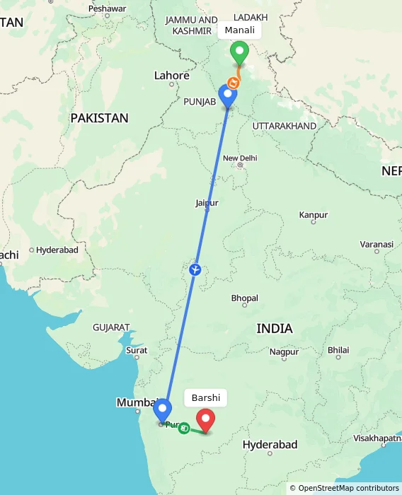 Route map showing distance and travel time from Manali, India to Barshi, India