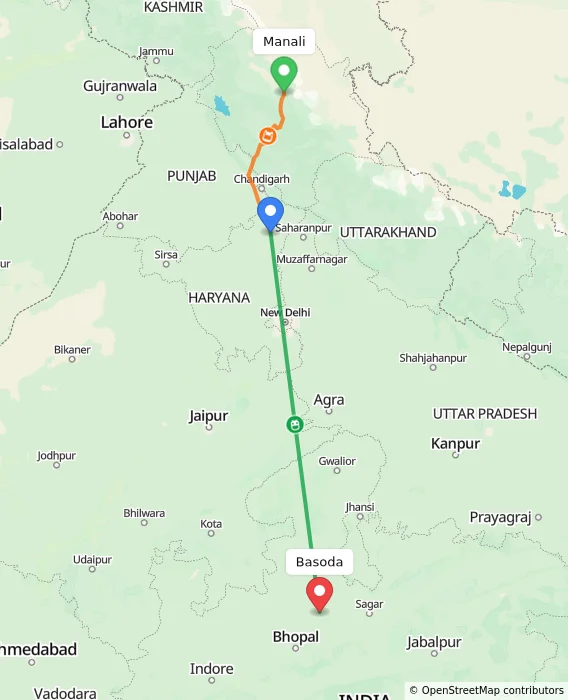 Route map showing distance and travel time from Manali, India to Basoda, India