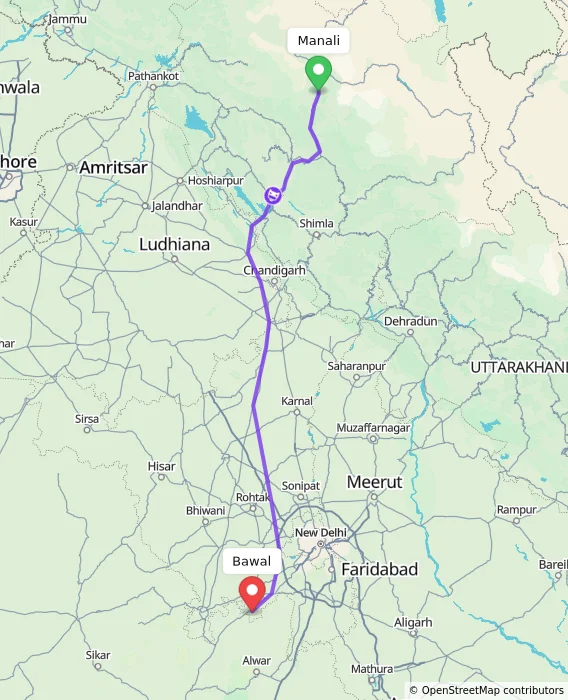 Route map showing distance and travel time from Manali, India to Bawal, India