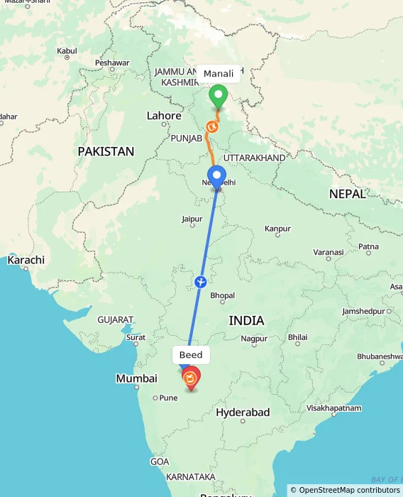 Route map showing distance and travel time from Manali, India to Beed, India