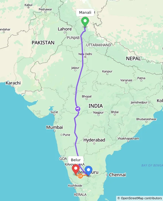 Route map showing distance and travel time from Manali, India to Belur, India