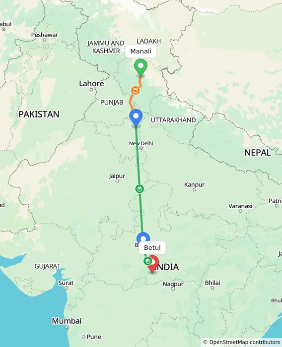 Route map showing distance and travel time from Manali, India to Betul, India