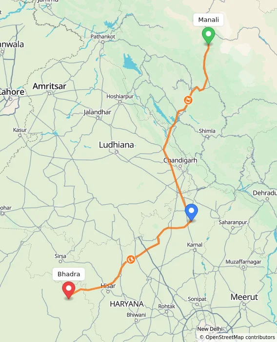 Route map showing distance and travel time from Manali, India to Bhadra, India