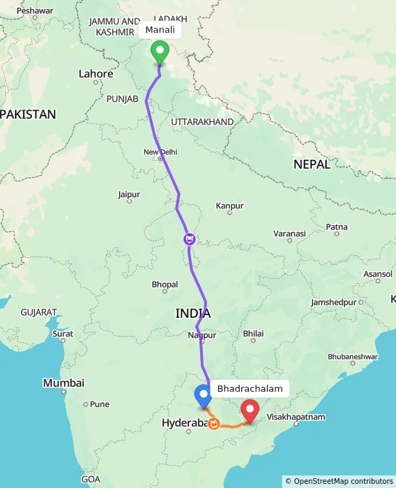 Route map showing distance and travel time from Manali, India to Bhadrachalam, India