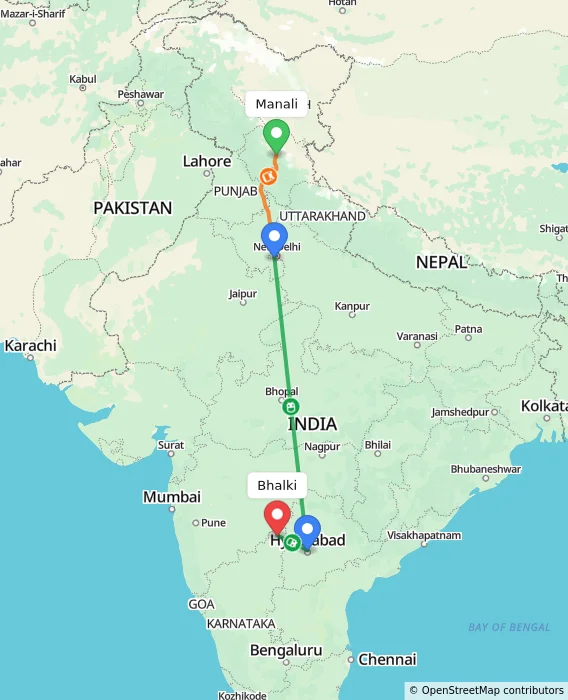 Route map showing distance and travel time from Manali, India to Bhalki, India