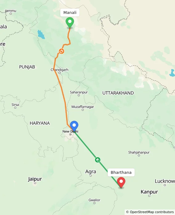 Route map showing distance and travel time from Manali, India to Bharthana, India
